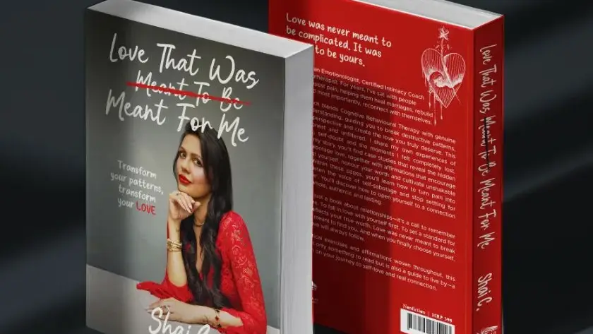 Book cover featuring woman in red with book displayed showing cover and back