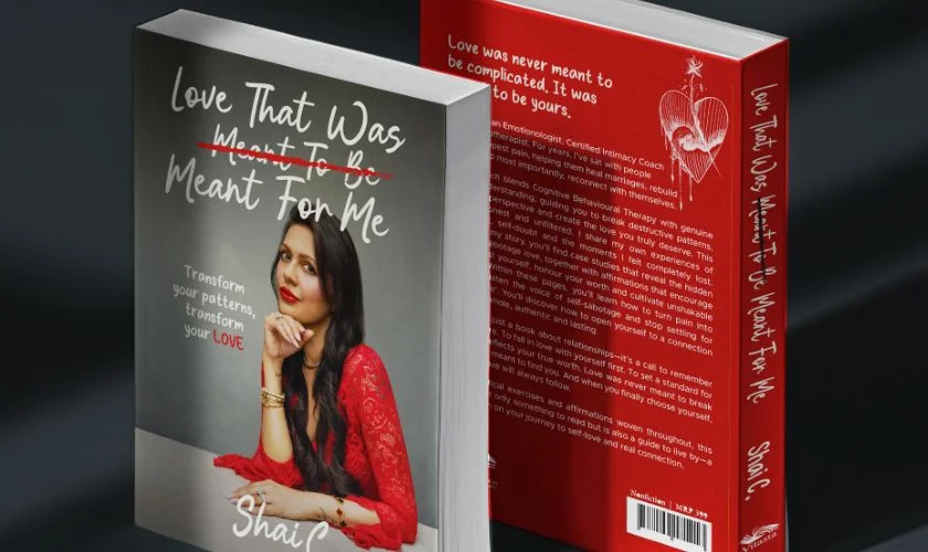 Book cover featuring woman in red with book displayed showing cover and back